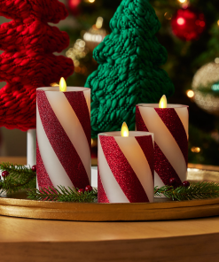 Red Candy Cane Wide Glitter Stripe White Flameless Candle Pillar