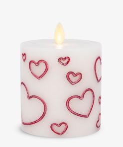 White Porcelain with Metallic Raspberry Hearts Flameless Candle Pillar