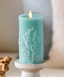 Soft Teal Embossed Coral Flameless Candle Pillar