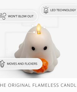 Bright White Ghost Holding Pumpkin Flameless Candle