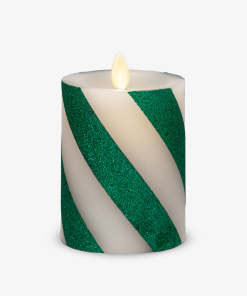 Green Candy Cane Wide Glitter Stripe Flameless Candle Pillar