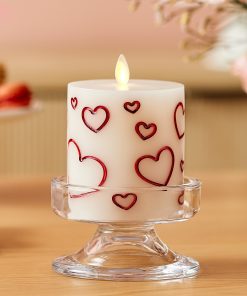 White Porcelain with Metallic Red Hearts Flameless Candle Pillar