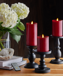 Burgundy Flameless Candle Pillars with Remote - Melted Top - Set of 3