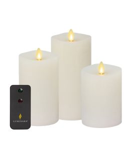 White Flameless Candle Pillars with Remote - Melted Top - Set of 3