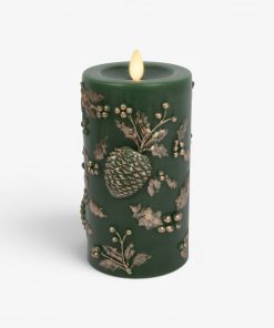Holiday Green Embossed Pinecones Flameless Candle Pillar