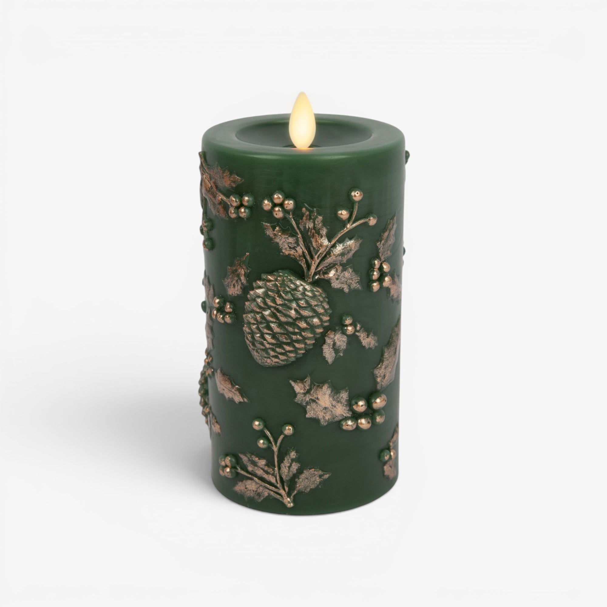 sm-image-090e87c151ac926090c62859 Holiday Green Embossed Pinecones Flameless Candle Pillar