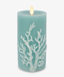 Soft Teal Embossed Coral Flameless Candle Pillar