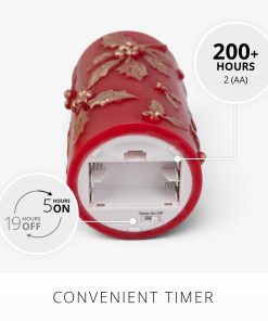 Holiday Red Embossed Holly Flameless Candle Pillar