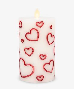 White Porcelain with Metallic Red Hearts Flameless Candle Pillar