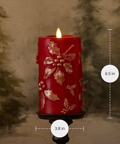 Holiday Red Embossed Holly Flameless Candle Pillar