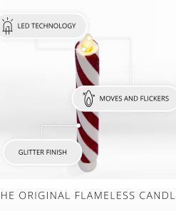 Red Candy Cane Glitter Stripe White Flameless Candle Tapers - Set of 2