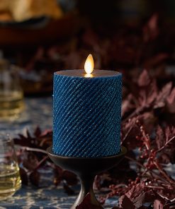 Glitter Blue Opal Ribbed Flameless Candle Pillar