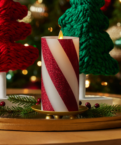 Red Candy Cane Wide Glitter Stripe White Flameless Candle Pillar