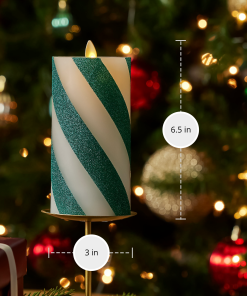 Green Candy Cane Wide Glitter Stripe Flameless Candle Pillar