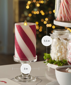 Red Candy Cane Wide Glitter Stripe White Flameless Candle Pillar