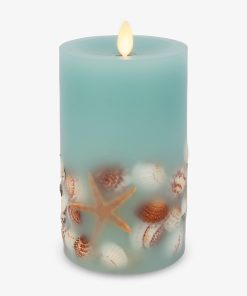 Soft Teal Embedded Seashell & Starfish Flameless Candle Pillar