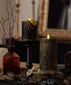 Black and Gold Spider Web Flameless Candle Pillar