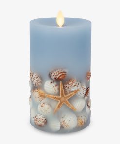 Soft Chambray Embedded Seashell & Starfish Flameless Candle Pillars