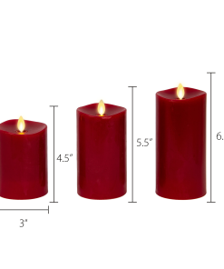 Burgundy Flameless Candle Pillars with Remote - Melted Top - Set of 3