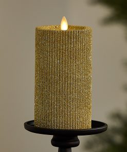 Rich Gold Glitter Ribbed Flameless Candle Pillar