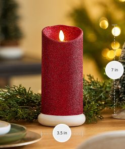 Holiday Red Glitter Flameless Candle Pillar
