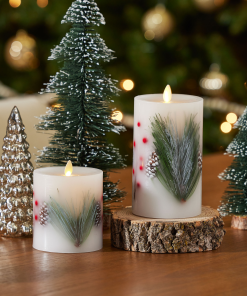 Embedded Pine, Berries & Pinecones Flameless Candle Pillar