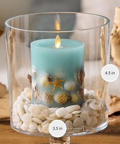 Soft Teal Embedded Seashell & Starfish Flameless Candle Pillar