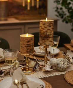 Real Birch Wood Flameless Candle Pillar - Recessed Top - 4" Width