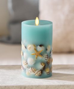 Soft Teal Embedded Seashell & Starfish Flameless Candle Pillar
