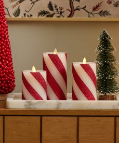 Red Candy Cane Wide Glitter Stripe White Flameless Candle Pillar