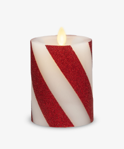 Red Candy Cane Wide Glitter Stripe White Flameless Candle Pillar