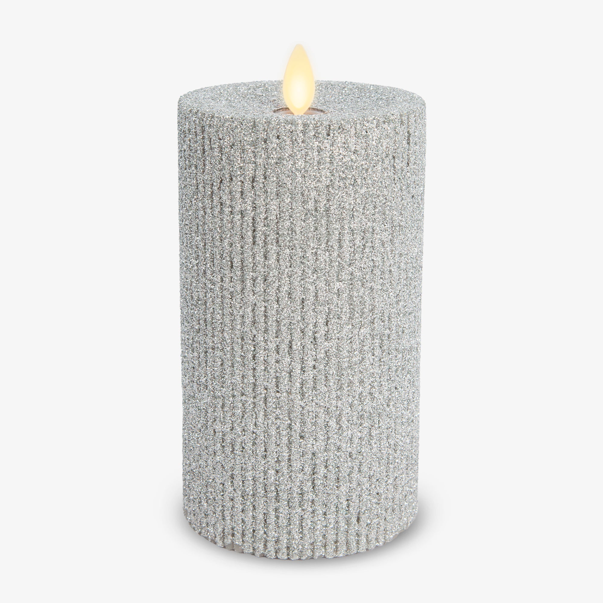 sm-image-3be018f44ee5c0e08b61f869 Brilliant Silver Glitter Ribbed Flameless Candle Pillar
