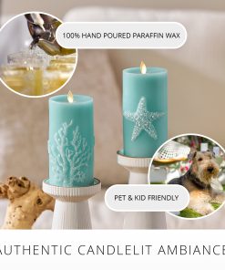 Soft Teal Embossed Coral Flameless Candle Pillar