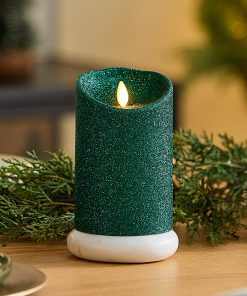 Holiday Green Glitter Flameless Candle Pillar