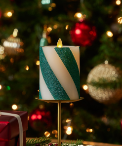 Green Candy Cane Wide Glitter Stripe Flameless Candle Pillar