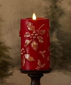 Holiday Red Embossed Holly Flameless Candle Pillar