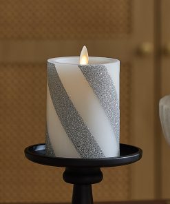 Brilliant Silver Candy Cane Glitter Flameless Candle Pillar