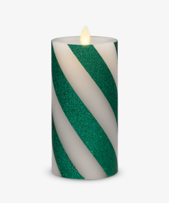 Green Candy Cane Wide Glitter Stripe Flameless Candle Pillar