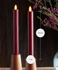 Burgundy Flameless Candle Tapers - Melted Top - 9.5" Height - Set of 2