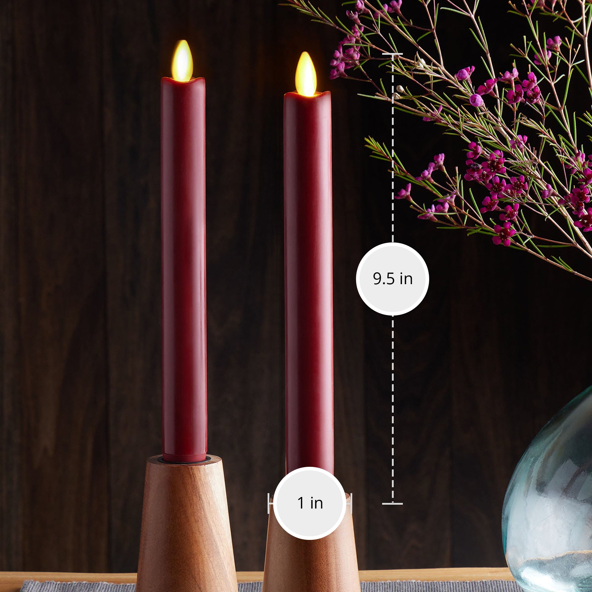 sm-image-416d18a7ac83da2358c18d09 Burgundy Flameless Candle Tapers - Melted Top - 9.5" Height - Set of 2