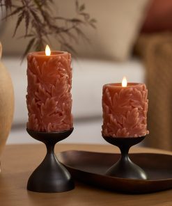 Caramel Café Embossed Leaves Flameless Candle Pillars