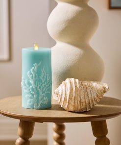 Soft Teal Embossed Coral Flameless Candle Pillar