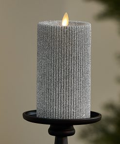 Brilliant Silver Glitter Ribbed Flameless Candle Pillar