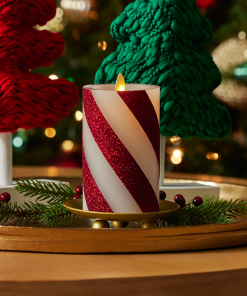 Red Candy Cane Wide Glitter Stripe White Flameless Candle Pillar