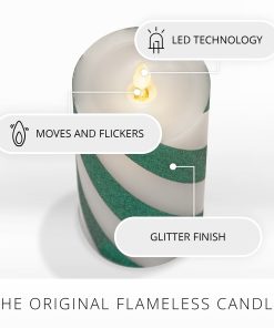 Green Candy Cane Wide Glitter Stripe Flameless Candle Pillar