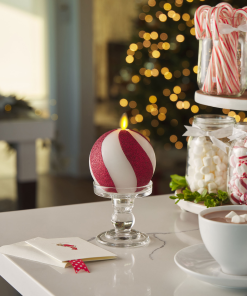 Red Candy Cane Glitter Stripe White Flameless Candle Sphere