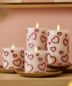 White Porcelain with Metallic Raspberry Hearts Flameless Candle Pillar