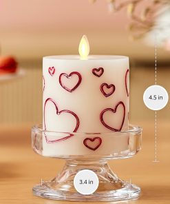 White Porcelain with Metallic Raspberry Hearts Flameless Candle Pillar