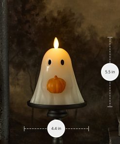 Bright White Ghost Holding Pumpkin Flameless Candle