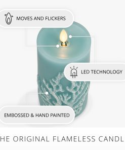 Soft Teal Embossed Coral Flameless Candle Pillar